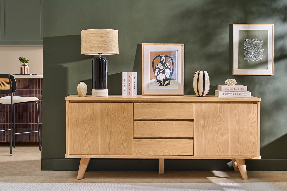Skandinavisches Sideboard aus hellem Eschenholz, 2 T�ren, 3 Schubladen, L180 cm FIFTIES
