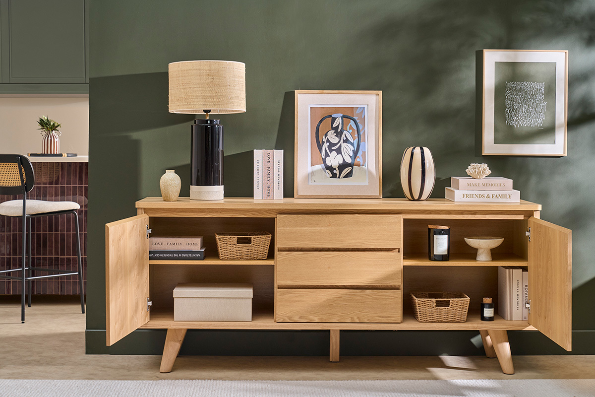 Skandinavisches Sideboard aus hellem Eschenholz, 2 T�ren, 3 Schubladen, L180 cm FIFTIES