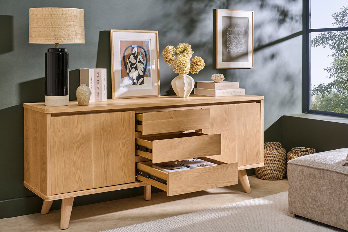 Skandinavisches Sideboard aus hellem Eschenholz, 2 T�ren, 3 Schubladen, L180 cm FIFTIES