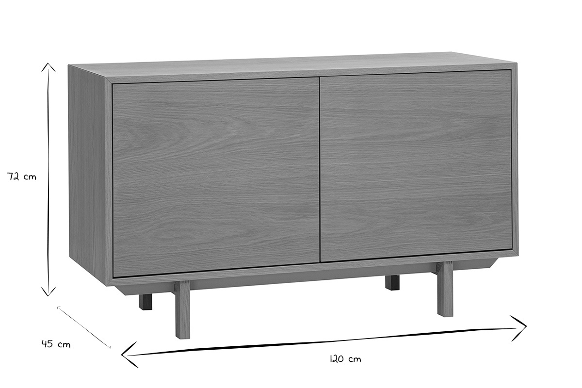 Abmessungen des skandinavischen Sideboards aus hellem Holz, L120 cm, H72 cm, T45 cm in Schwarz-Wei�.
