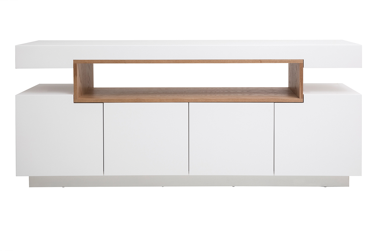 Skandinavisches Sideboard in glnzendem Wei und Holz mit 4 Tren L180 cm LIVO