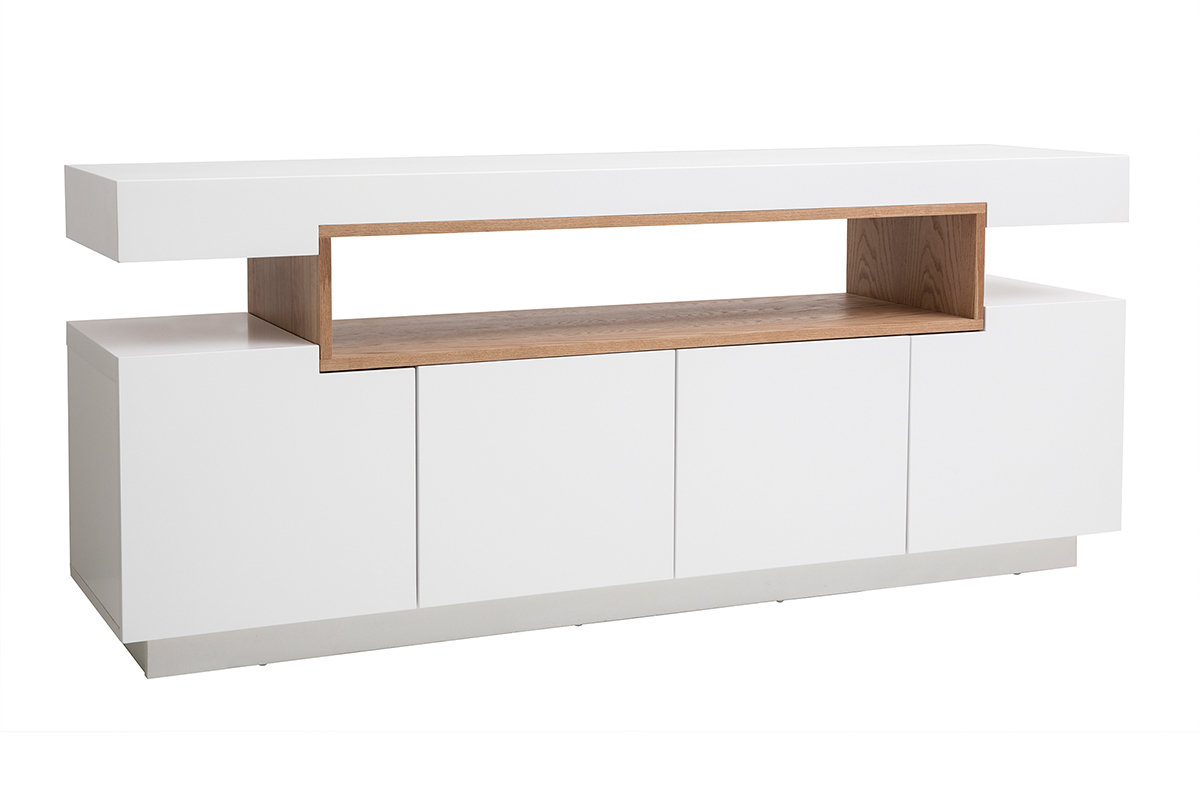 Skandinavisches Sideboard in glnzendem Wei und Holz mit 4 Tren L180 cm LIVO
