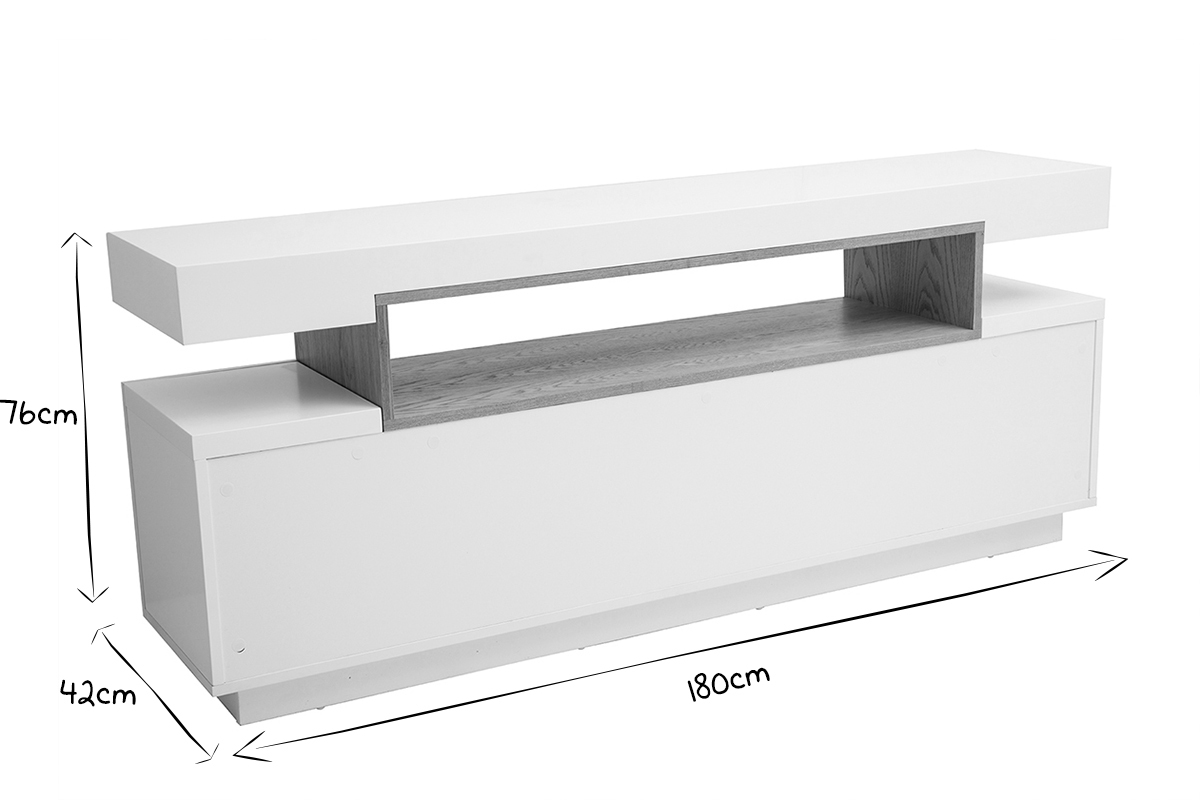 Skandinavisches Sideboard in glnzendem Wei und Holz mit 4 Tren L180 cm LIVO