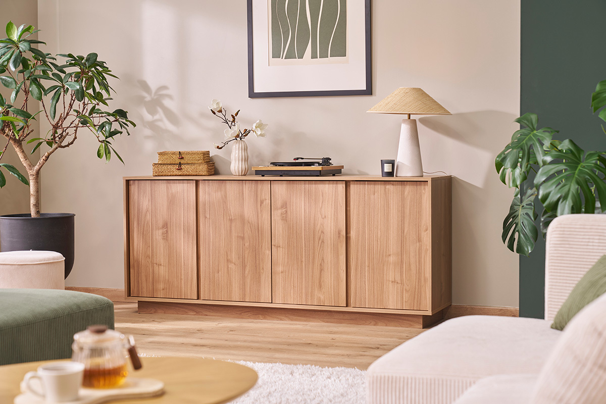 Skandinavisches Sideboard mit 4 Tren in Eichenholzoptik B180 cm COMO