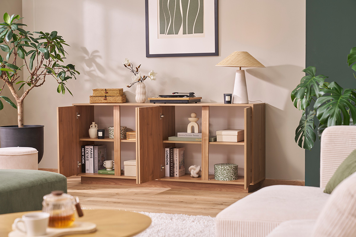 Skandinavisches Sideboard mit 4 Tren in Eichenholzoptik B180 cm COMO