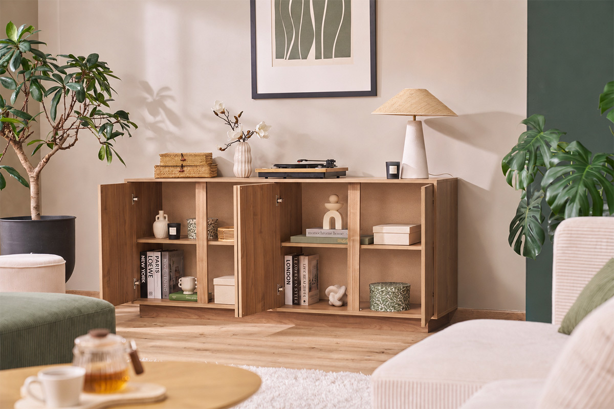 Skandinavisches Sideboard mit 4 T�ren in Eichenholzoptik B180 cm COMO