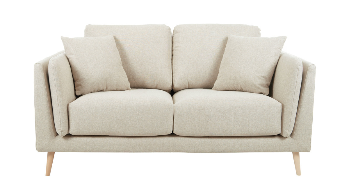 Skandinavisches Sofa 2-Sitzer aus beigem Stoff und helles Holz VOGUE