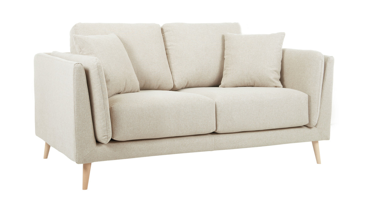 Skandinavisches Sofa 2-Sitzer aus beigem Stoff und helles Holz VOGUE