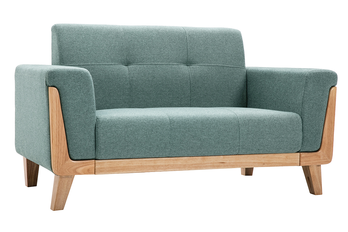 Skandinavisches Sofa 2-Sitzer aus graugrnem Stoff und hellem Holz FJORD