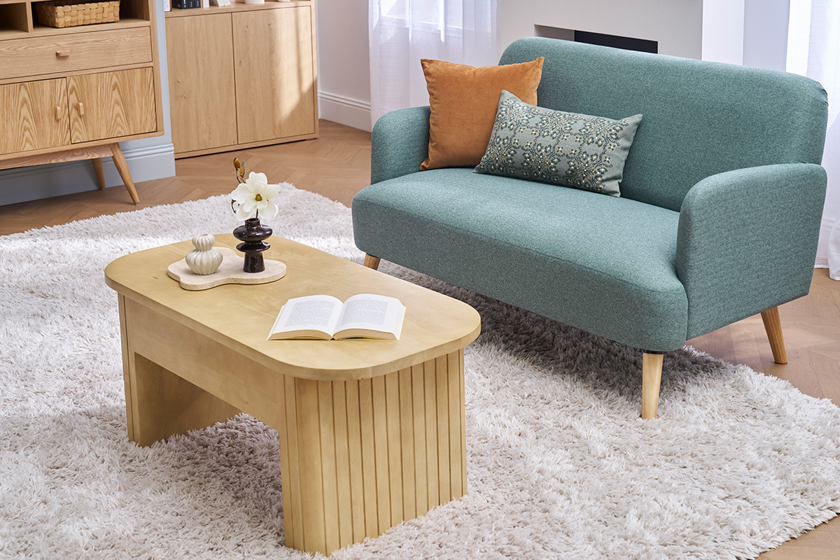 Skandinavisches Sofa 2-Sitzer aus grngrauem Stoff und hellem Holz ISKO