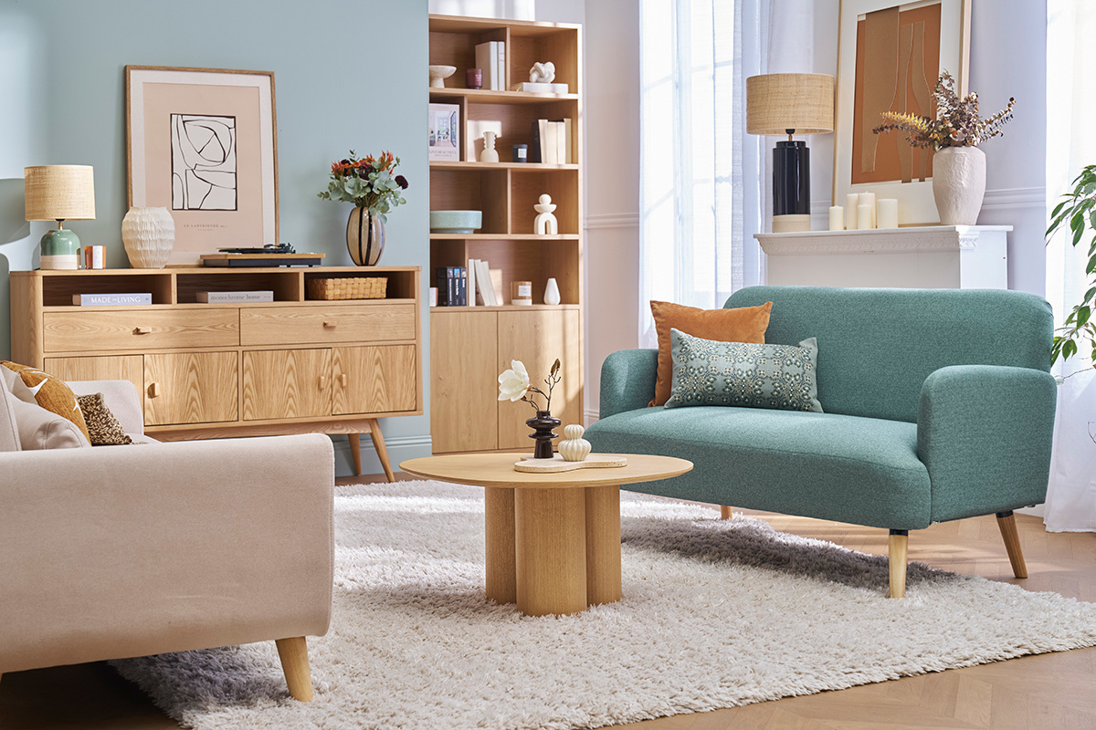 Skandinavisches Sofa 2-Sitzer aus grngrauem Stoff und hellem Holz ISKO