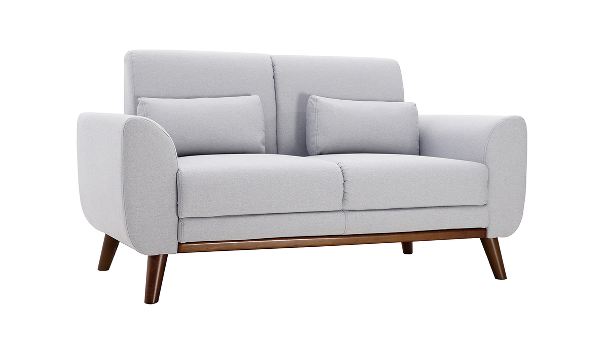 Skandinavisches Sofa 2-Sitzer aus hellgrauem Stoff und dunkles Holz EKTOR