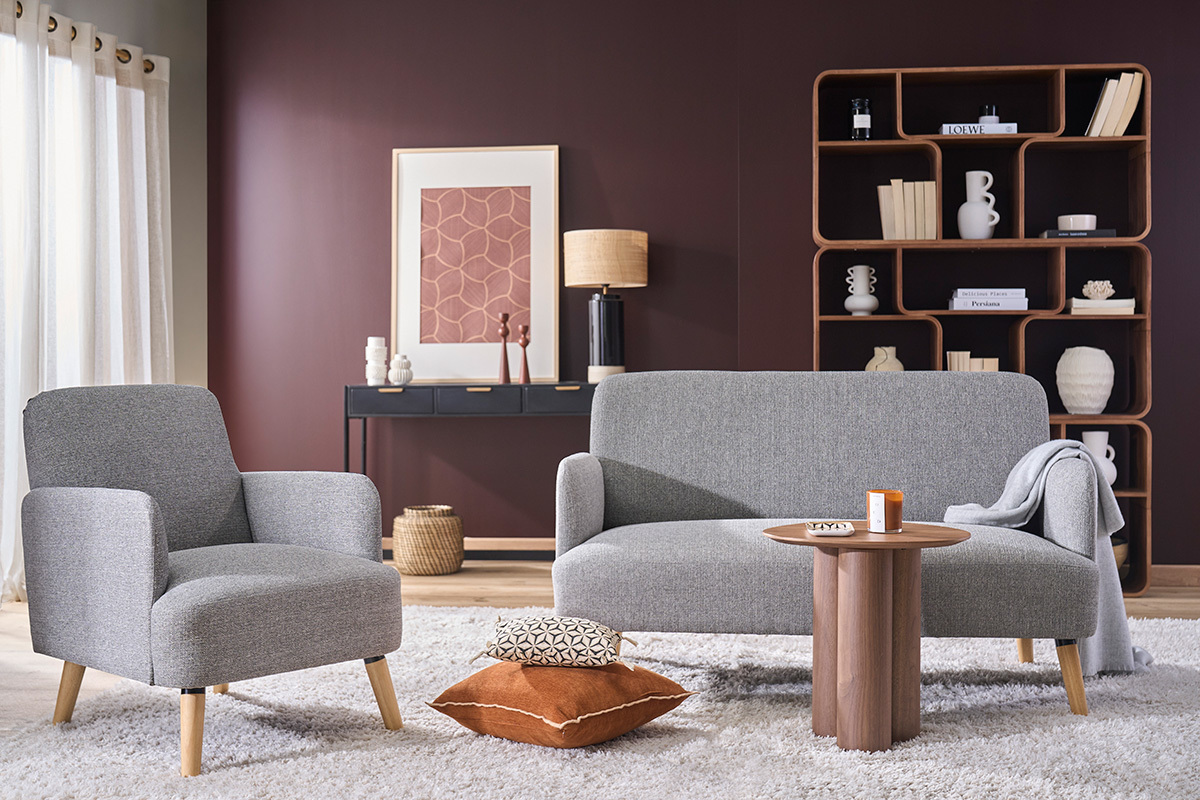 Skandinavisches Sofa 2-Sitzer aus hellgrauem Stoff und hellem Holz ISKO