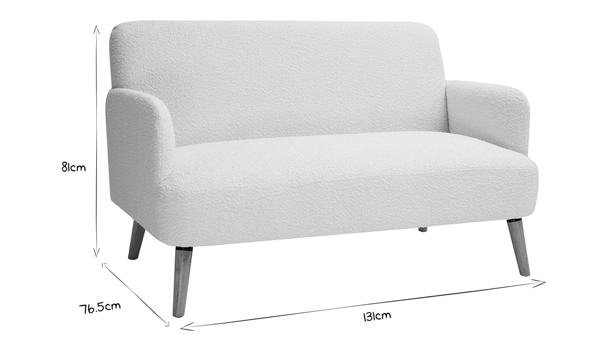 Skandinavisches Sofa 2-Sitzer aus weiem Stoff mit Boucl-Wolleffekt und hellem Holz ISKO