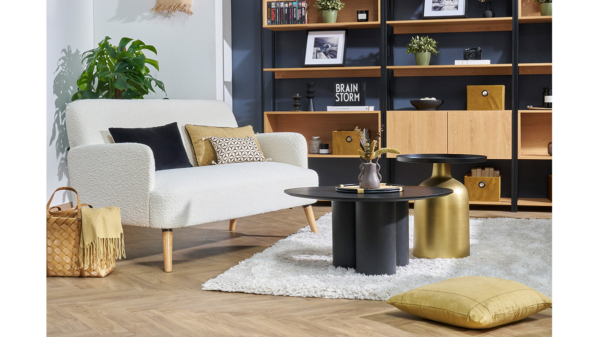 Skandinavisches Sofa 2-Sitzer aus weiem Stoff mit Boucl-Wolleffekt und hellem Holz ISKO