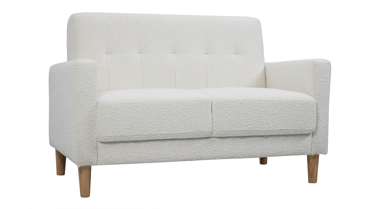 Skandinavisches Sofa 2-Sitzer aus weiem Stoff mit Woll-Effekt und hellem Holz MOON