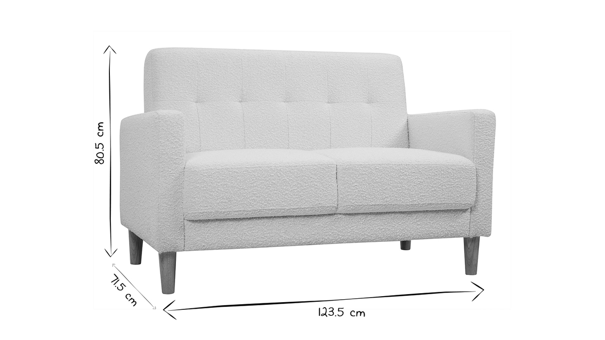 Skandinavisches Sofa 2-Sitzer aus weißem Stoff mit Woll-Effekt und hellem Holz MOON
