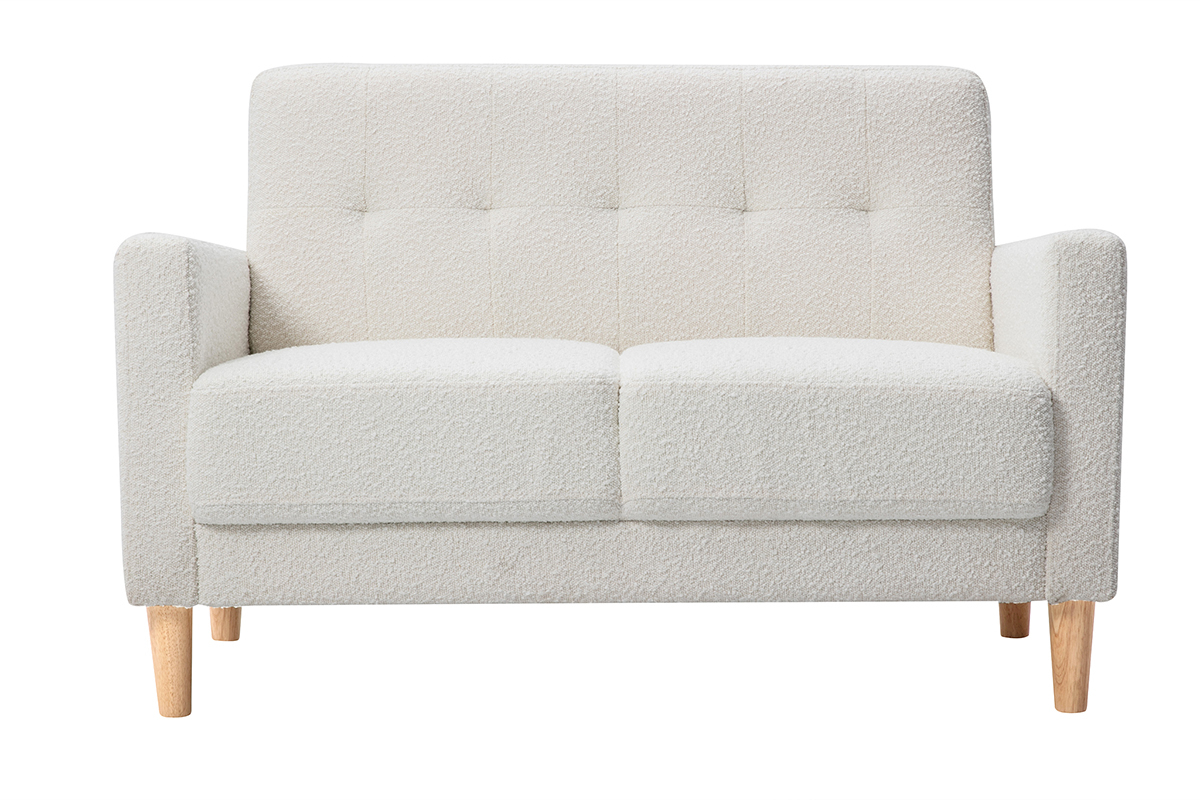 Skandinavisches Sofa 2-Sitzer aus weiem Stoff mit Woll-Effekt und hellem Holz MOON