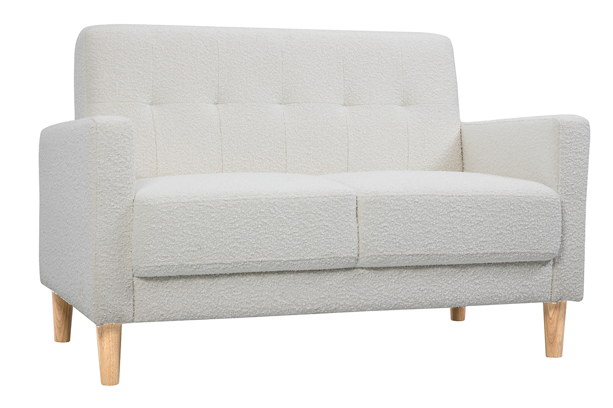 Skandinavisches Sofa 2-Sitzer aus weiem Stoff mit Woll-Effekt und hellem Holz MOON
