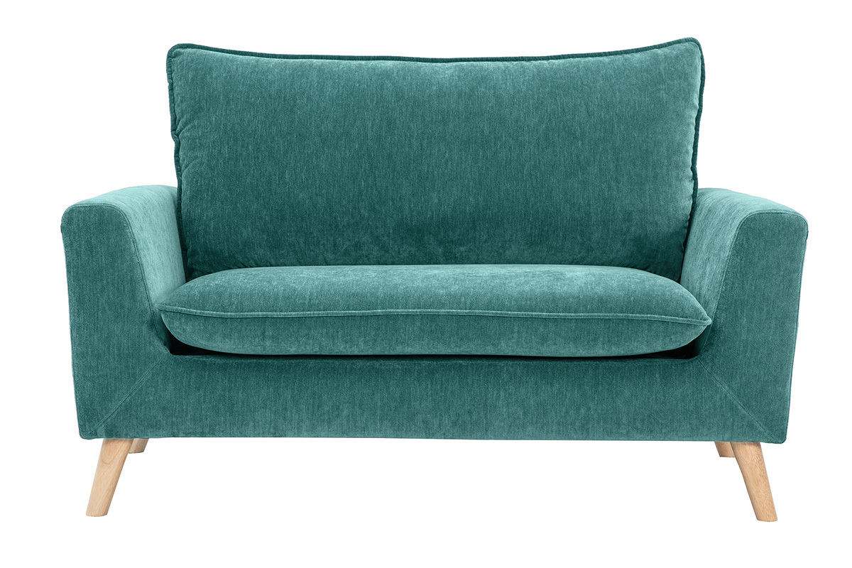 Zweier-Sofa in Petrolblau aus Samteffekt-Stoff, mit hellen Holzf��en, Frontansicht.