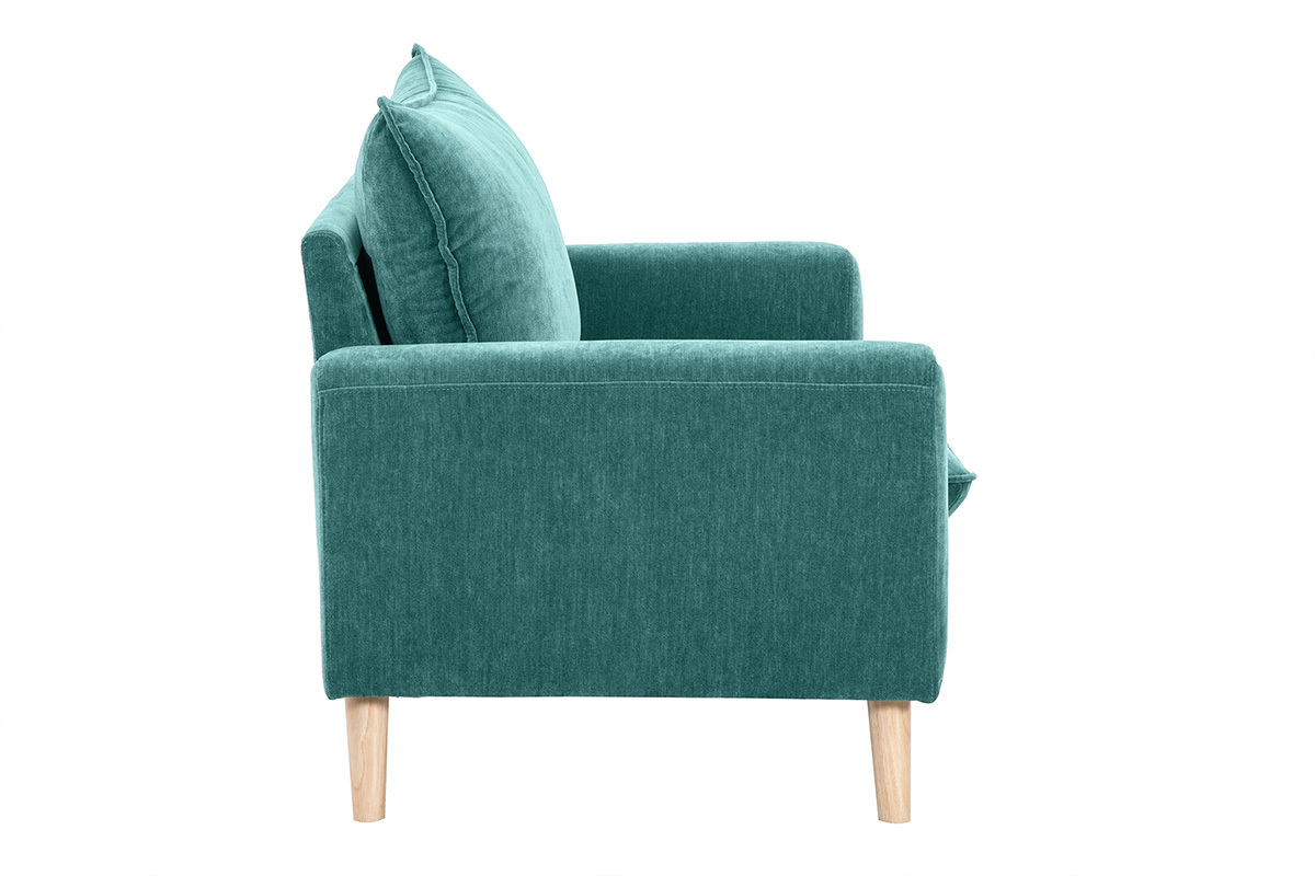 Seitenansicht eines blaugr�nen 2-Sitzer-Sofas mit hellen Holzbeinen.
