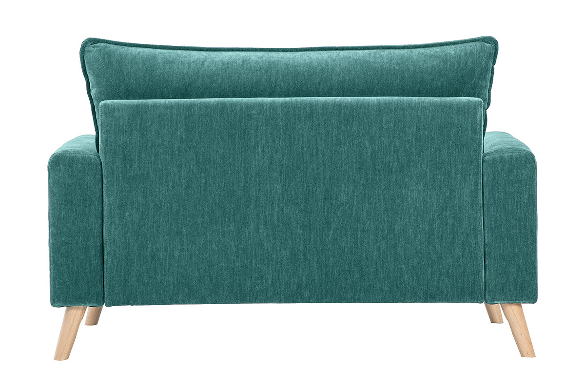 Zweiersofa in Entenblau mit hellen Holzbeinen, R�ckansicht.