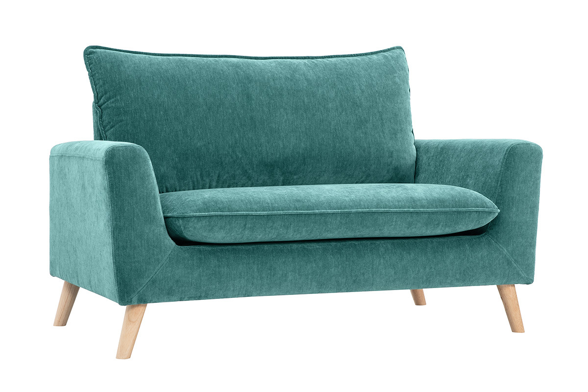 Skandinavisches Sofa f�r 2 Personen in Entenblau und hellem Holz, Ansicht von 3/4.