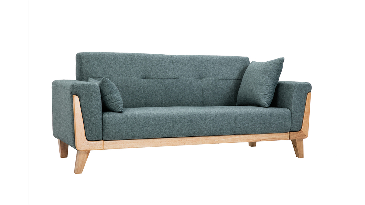 Skandinavisches Sofa 3-Sitzer aus graugrünem Stoff und hellem Holz FJORD