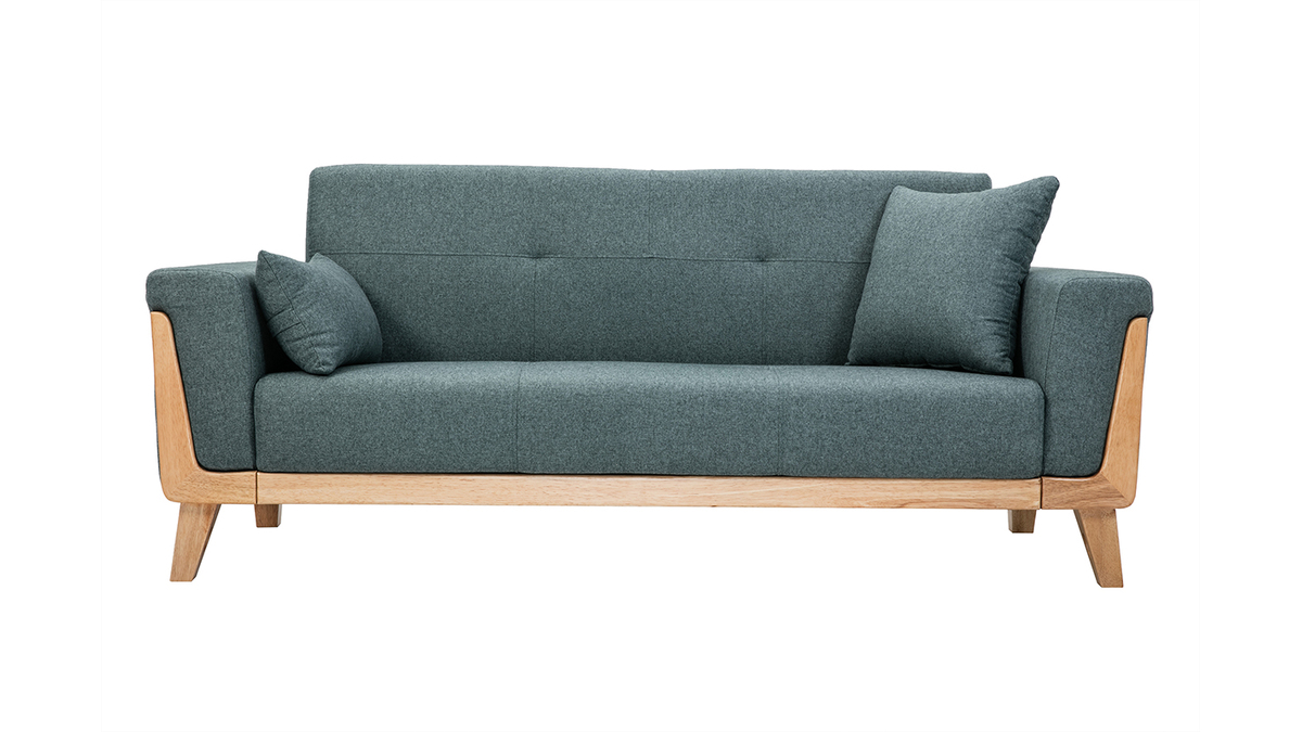 Skandinavisches Sofa 3-Sitzer aus graugrnem Stoff und hellem Holz FJORD