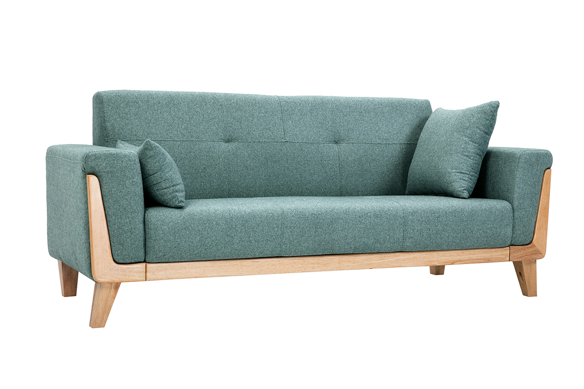 Skandinavisches Sofa 3-Sitzer aus graugrnem Stoff und hellem Holz FJORD