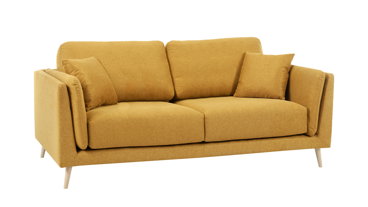 Skandinavisches Sofa 3-Sitzer aus kumingelbem Stoff und hellem Holz VOGUE