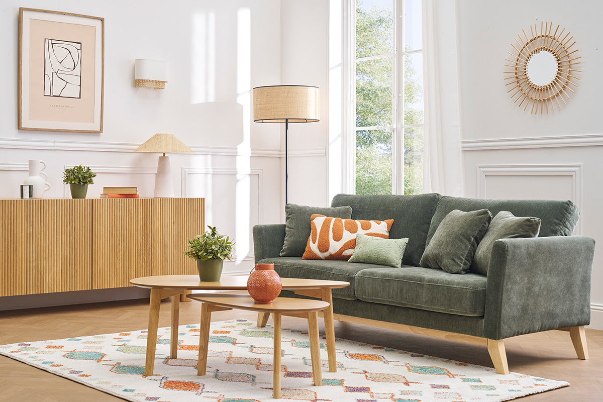 Skandinavisches Sofa 3-Sitzer Bezug abnehmbar SamtEffekt Khaki OSLO