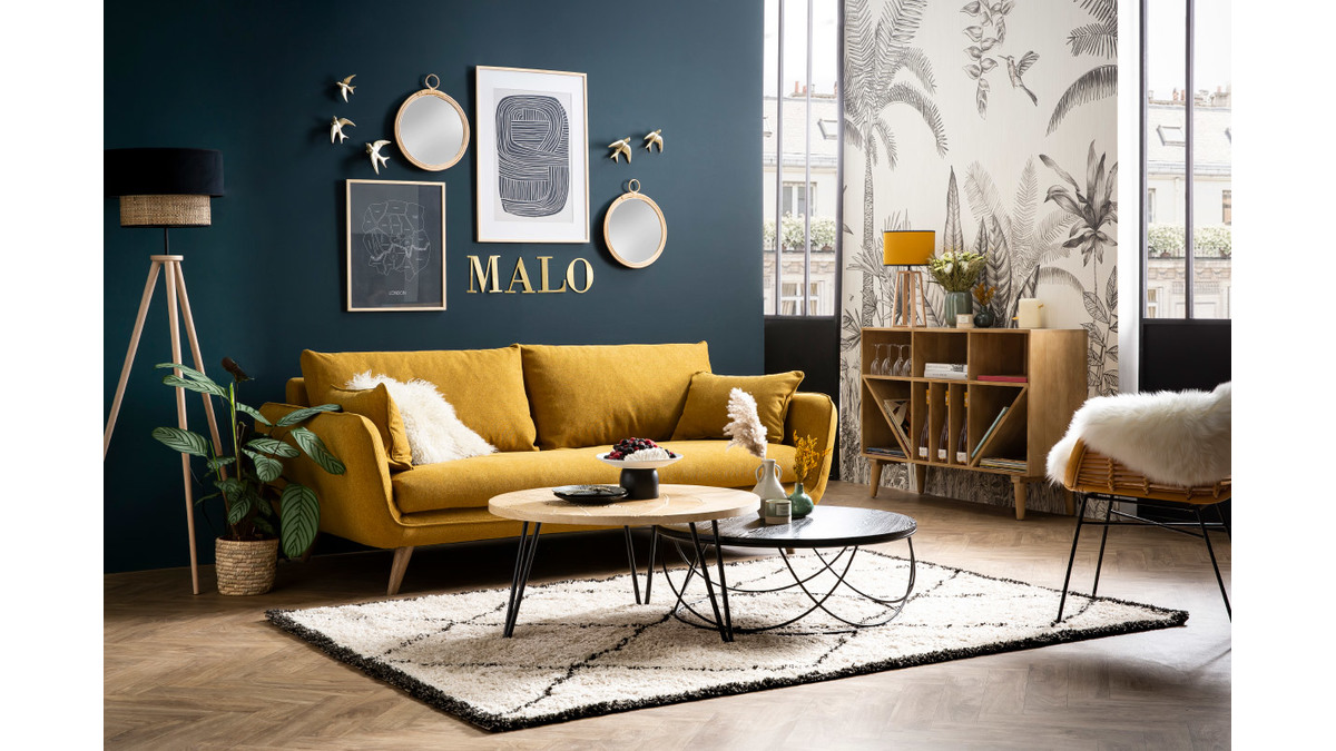Skandinavisches Sofa 3-Sitzer mit Woll-Effekt und Holz CREEP