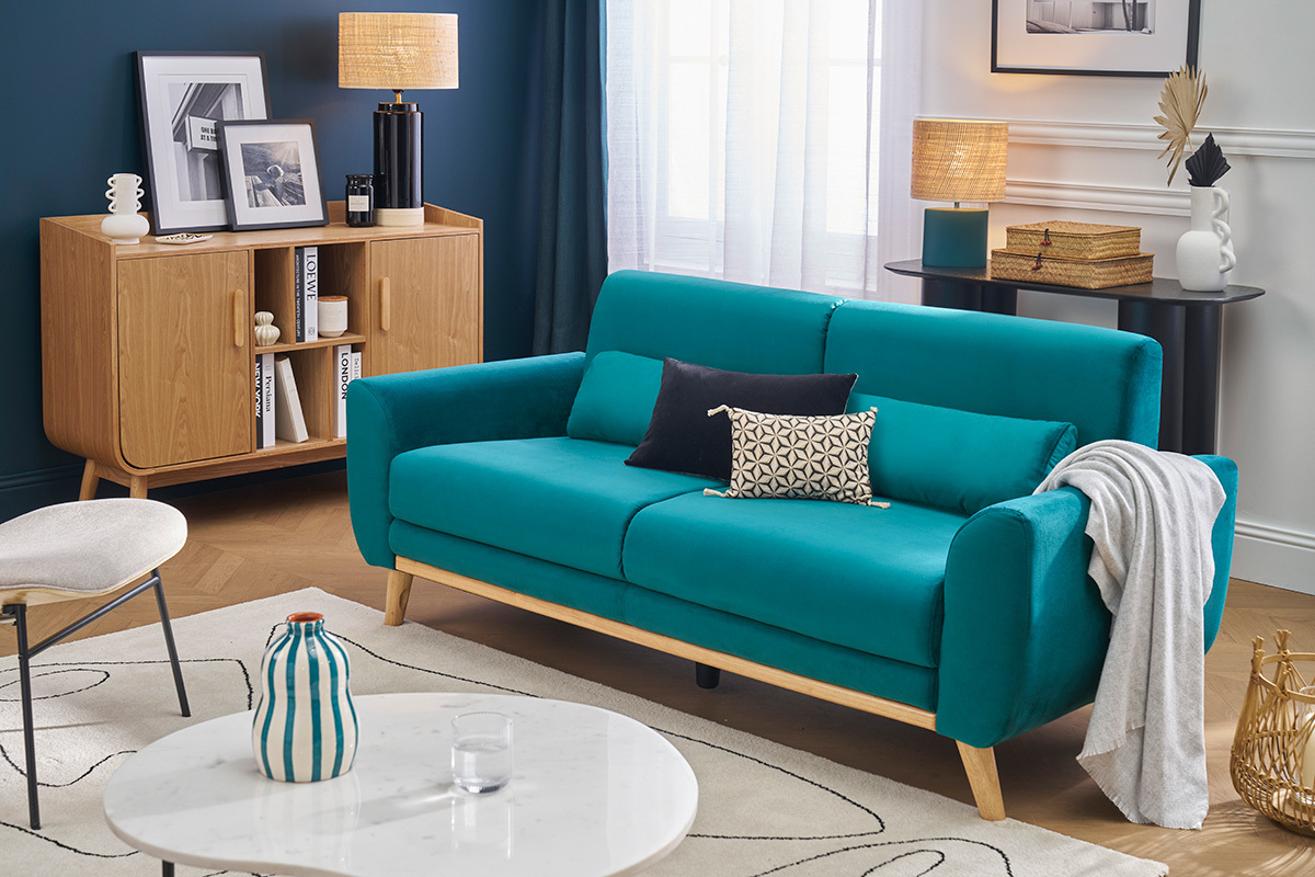 Skandinavisches Sofa 3-Sitzer Samt Petrolblau EKTOR