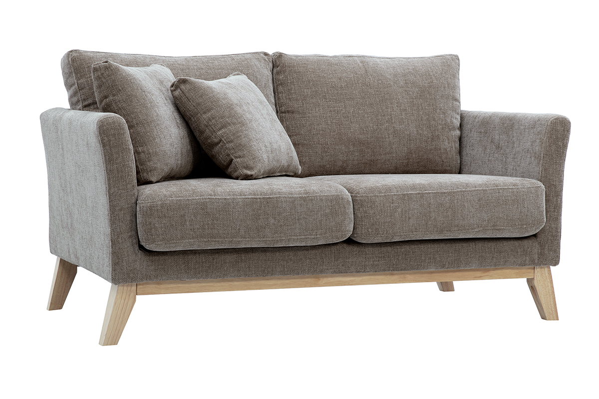 Skandinavisches Sofa, abnehmbar 2-Sitzer in Stoff mit strukturiertem Samteffekt taupe und hellem Holz OSLO