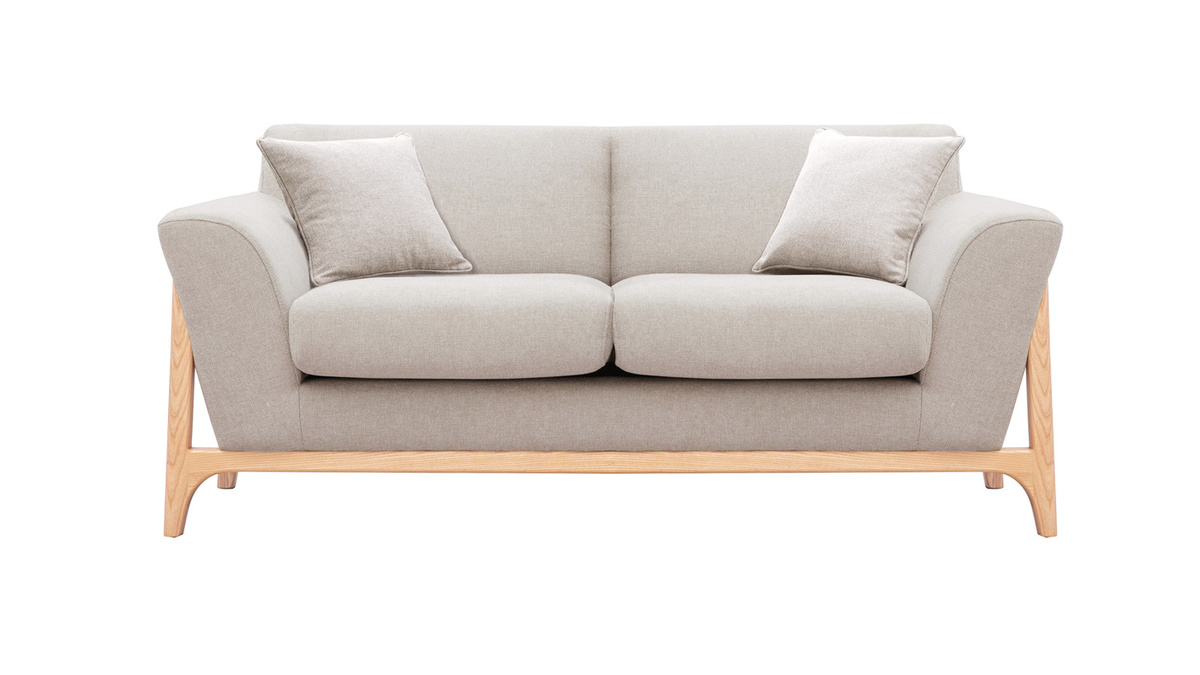 Skandinavisches Sofa aus beigem Stoff mit Samteffekt und Eschenholz 2-Sitzer ASAKO