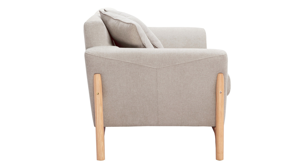 Skandinavisches Sofa aus beigem Stoff mit Samteffekt und Eschenholz 2-Sitzer ASAKO