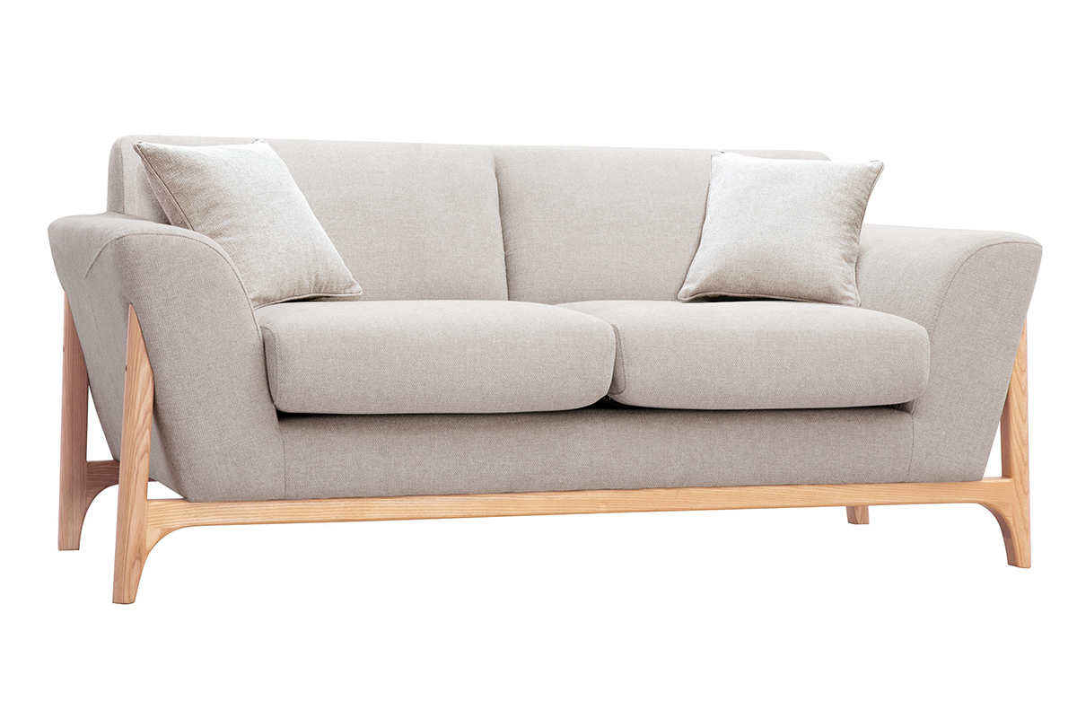 Skandinavisches Sofa aus beigem Stoff mit Samteffekt und Eschenholz 2-Sitzer ASAKO