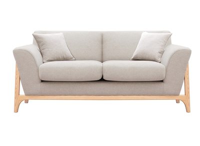 Skandinavisches Sofa aus beigem Stoff mit Samteffekt und Eschenholz 2-Sitzer ASAKO