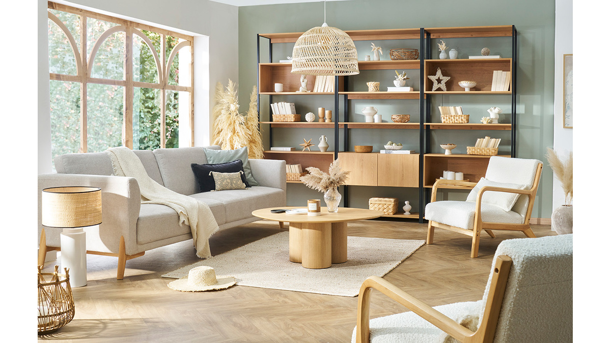 Skandinavisches Sofa aus beigem Stoff mit Samteffekt und hellem Holz 4-Sitzer SINDRO