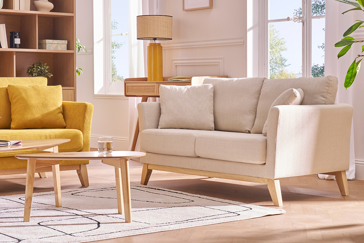 Skandinavisches Sofa aus graugrnem Stoff mit Samteffekt und hellem Holz 2-Sitzer OSLO