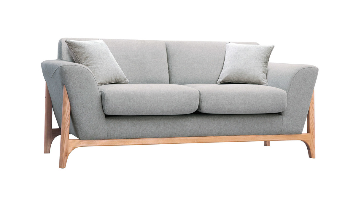 Skandinavisches Sofa aus hellgrauem Stoff mit Samteffekt und Eschenholz 2-Sitzer ASAKO