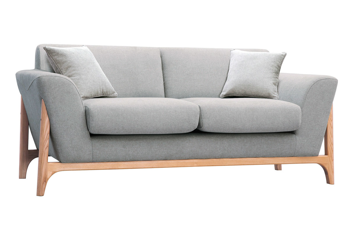 Skandinavisches Sofa aus hellgrauem Stoff mit Samteffekt und Eschenholz 2-Sitzer ASAKO