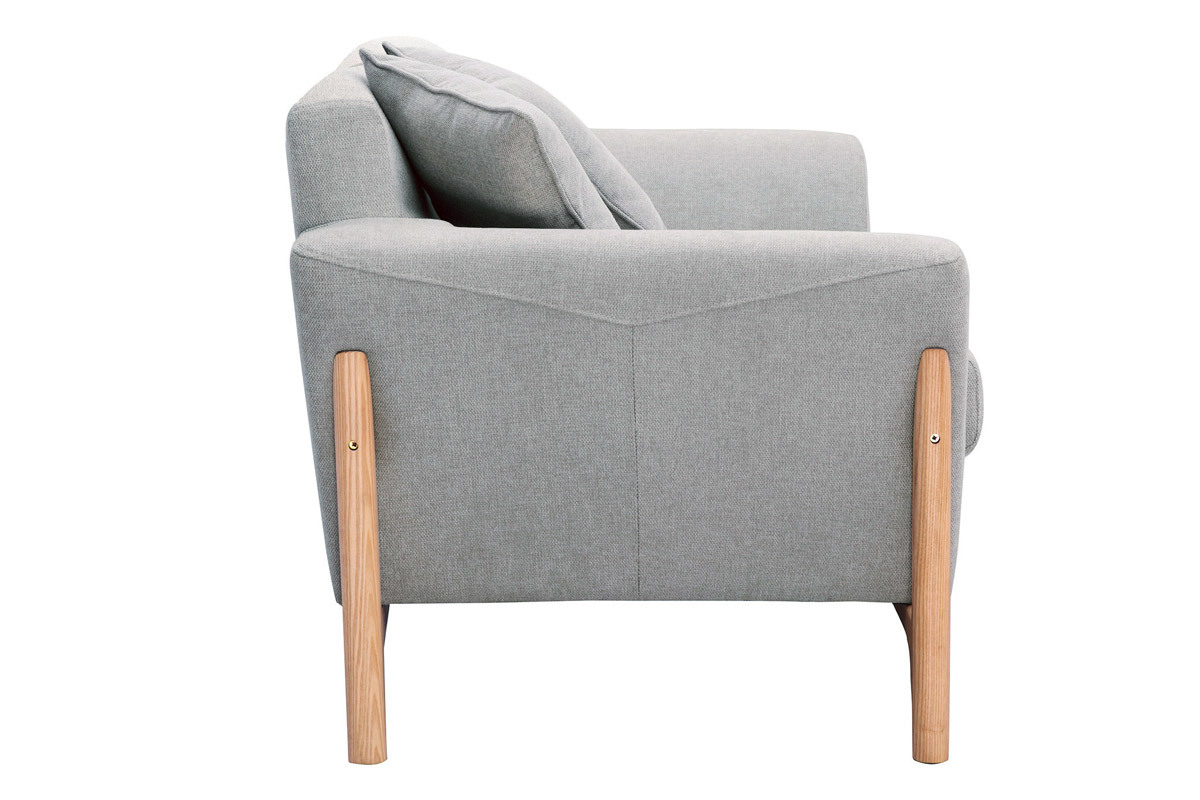Skandinavisches Sofa aus hellgrauem Stoff mit Samteffekt und Eschenholz 2-Sitzer ASAKO