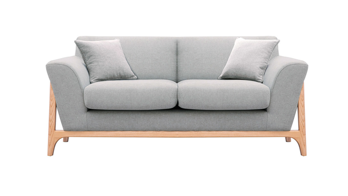 Skandinavisches Sofa aus hellgrauem Stoff mit Samteffekt und Eschenholz 2-Sitzer ASAKO