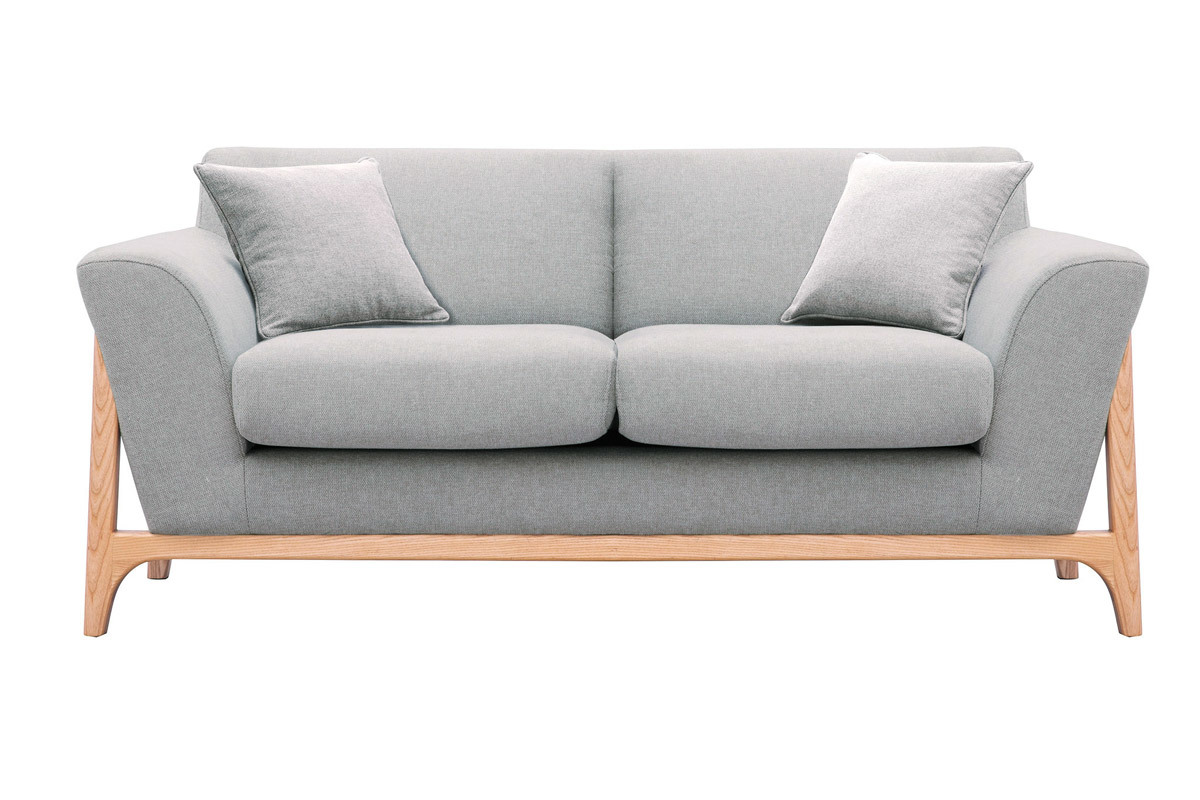 Skandinavisches Sofa aus hellgrauem Stoff mit Samteffekt und Eschenholz 2-Sitzer ASAKO