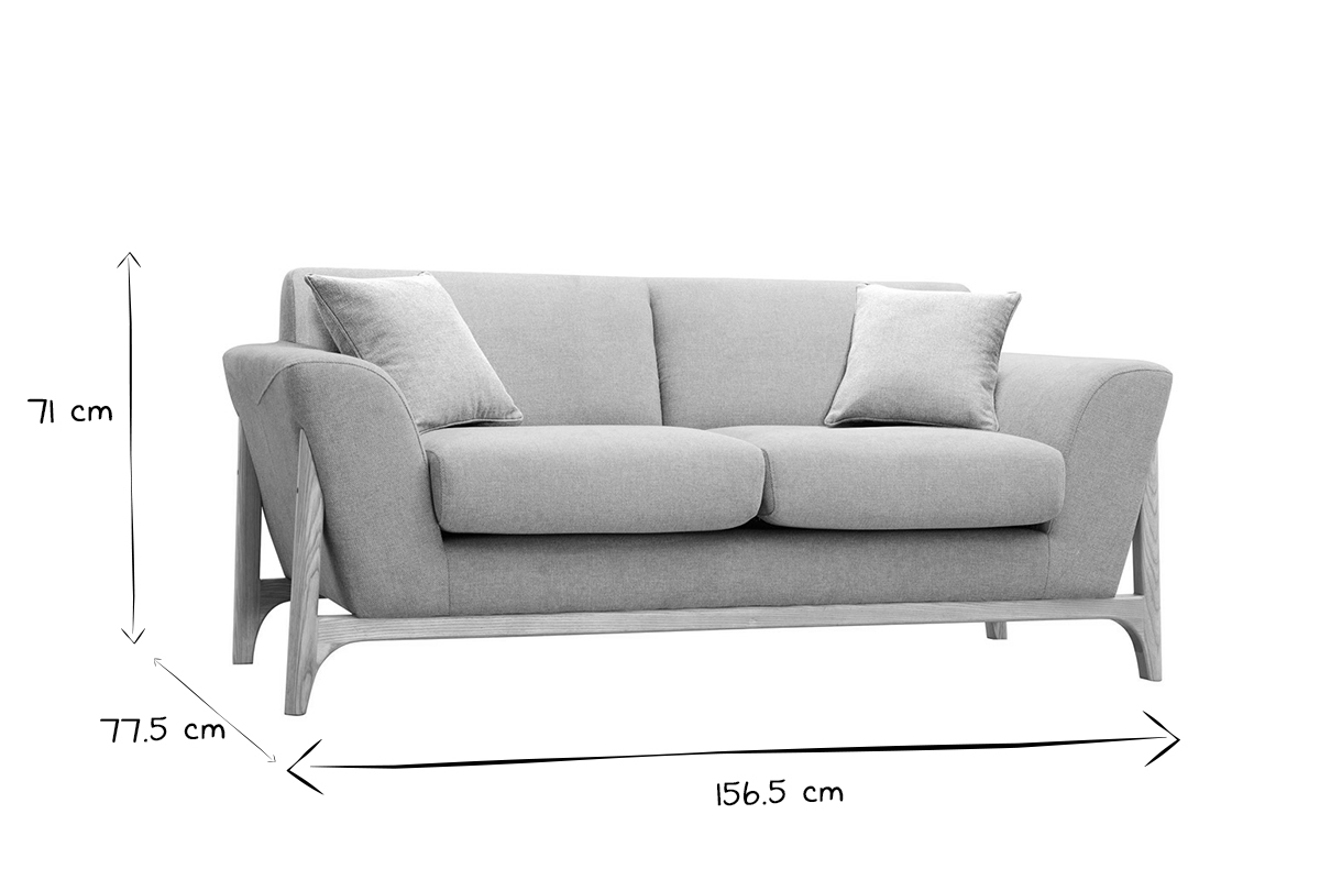 Skandinavisches Sofa aus hellgrauem Stoff mit Samteffekt und Eschenholz 2-Sitzer ASAKO