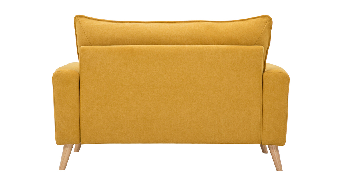 Skandinavisches Sofa aus senfgelbem Stoff mit Samteffekt und hellem Holz 2-Sitzer JONAS