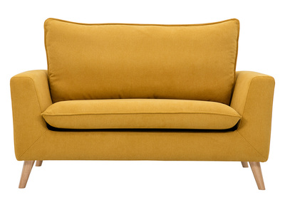 Skandinavisches Sofa aus senfgelbem Stoff mit Samteffekt und hellem Holz 2-Sitzer JONAS
