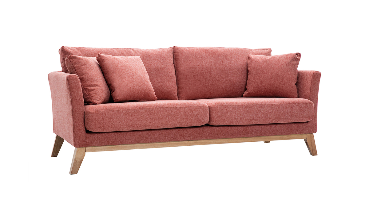 Skandinavisches Sofa aus terracottafarbenem Stoff mit Samteffekt, abnehmbarem Bezug und hellem Holz 3-Sitzer OSLO